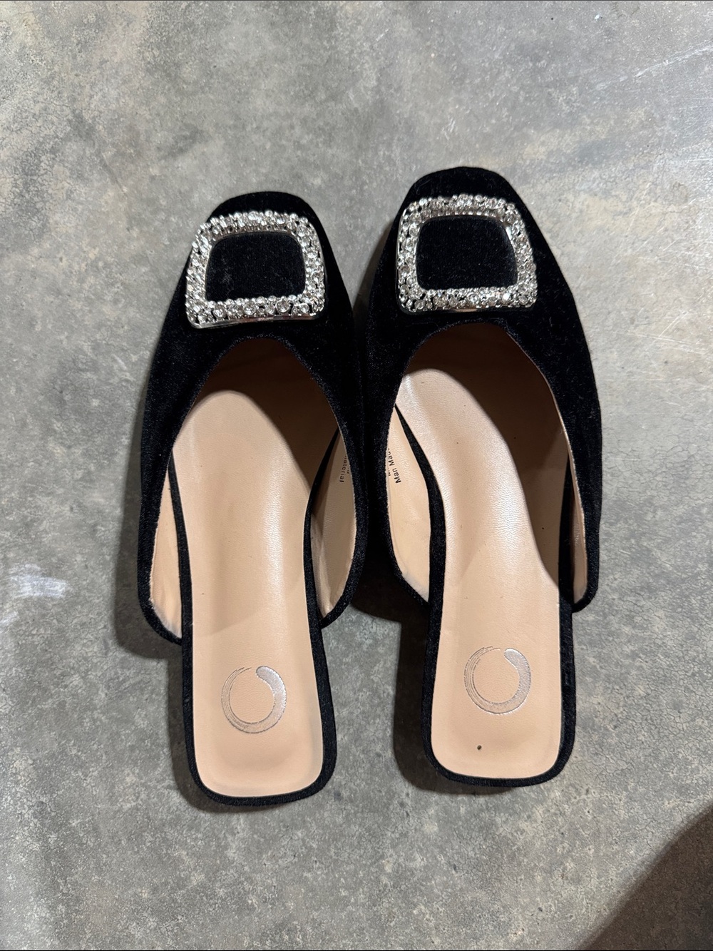 Black Velvet Slip-On Flats with Crystal Buckle Accent